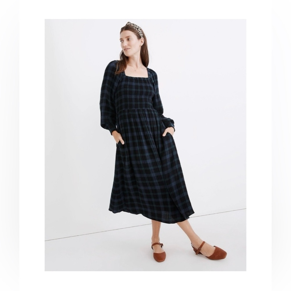 NWOT Madewell Lightspun Lucie Longsleeve Smocked Midie Dress Livonia Pla…